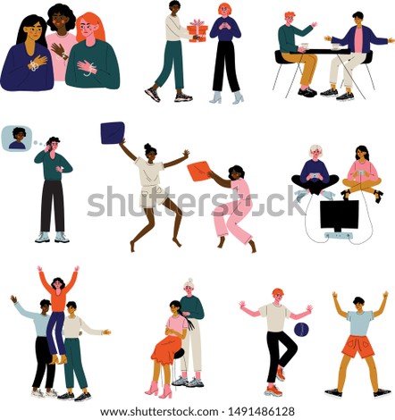 Friends Spending Time Together Set, Young Man and Woman Meeting, Talking, Playing Games, Giving Gifts, Drinking Tea at Cafe, Pillow Fighting Vector Illustration