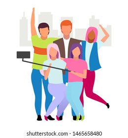 Friends spending time together, taking selfie flat vector illustration. Group of people making photo cartoon characters. Best friends, friendship forever concept. Guys and girls company pastime