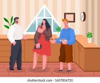 Friends spending time together, talking with each other. People stand and drink on home reception. Men and woman have conversation. Cozy room interior with furniture and window. Vector illustration