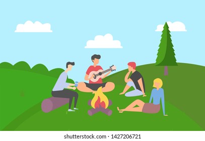 Friends spending time vector, summer vacation together in park camping near campfire, people playing guitar outdoor activity, happy weekend with friend, summertime by bonfire