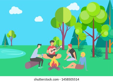 Friends spending time vector, summer vacation together in park camping near campfire, people playing guitar outdoor activity, happy weekend with friend, summertime by bonfire. Flat cartoon