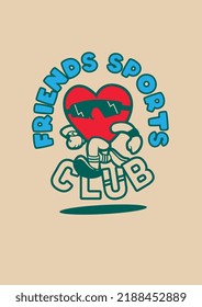 FRIENDS SPORTS CLUB CARTOON IN HEART SHAPE GRAPHIC VECTOR