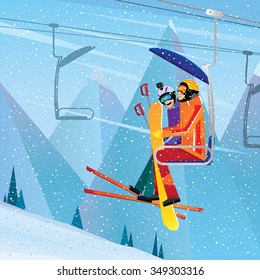 Friends with sports equipment on a chairlift- extreme tourism concept. Vector illustration