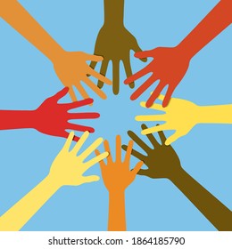 Freunde mit Handstapel zeigen Einheit und Teamwork. Vektorgrafik.