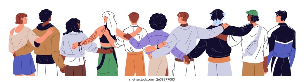 Friends stand, embrace together back view. Happy group of diverse people holding hands, hugs behind. International friendship, community, unity. Flat isolated vector illustration on white background