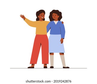 Friends stand together and embrace. Smiling Two schoolgirls greeting and supporting each other. Girl shows something to her sister or welcomes her. Concept of friendship and partnership. Vector illust