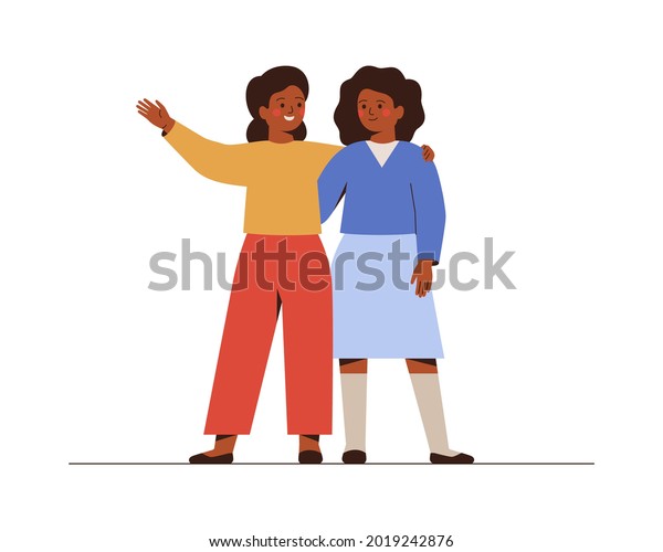 Friends Stand Together Embrace Smiling Two Stock Vector (Royalty Free ...