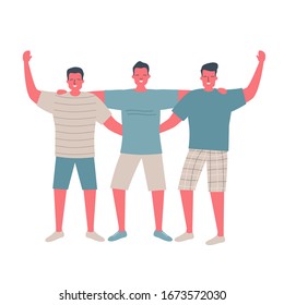 Friends are standing and hugging. Young men in summer casual wear are standing together. International Friendship Day concept. Vector illustration in flat funky design