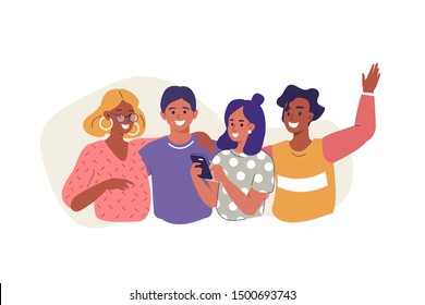 
Friends Standing Together. Diverse People Group Portrait. Happy Woman and Man Characters Hugging, Laughing and Having fun. Young Creative Team. Friendship Concept.  Flat Cartoon Vector Illustration. 