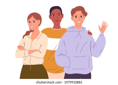 Friends standing together, embracing waving hands. Vector illustration.