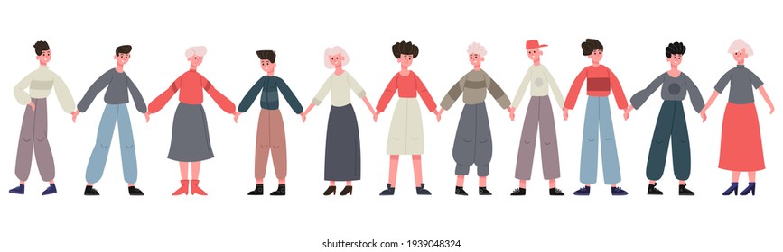 Friends Standing Together. Group Of Happy Friends Holding Hands, Happiness And Friendship. Smiling People Stand In Row Together Vector Illustration Set