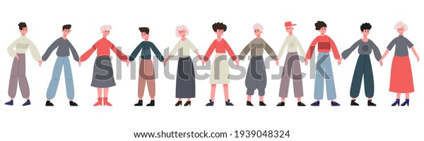 Friends standing together. Group of\
happy friends holding hands, happiness and friendship. Smiling\
people stand in row together vector illustration\
set