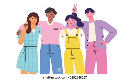 Friends are standing together and posing happily. flat design style vector illustration.