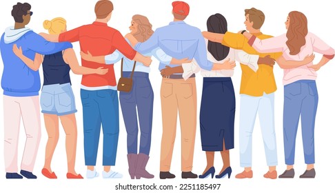 Friends standing together rear view. People unity isolated on white background