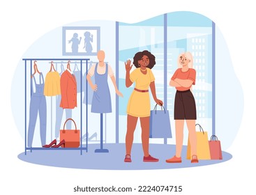 Friends at store. Two women with bags next to their clothes. Fashion, trend and style. Aesthetics and elegance. Shopping in supermarket. Poster or banner for website. Cartoon flat vector illustration