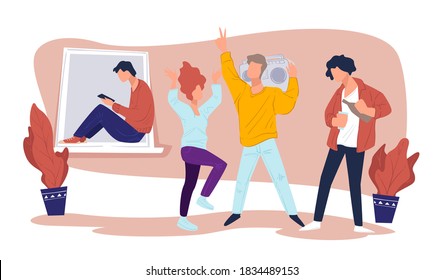 Friends or students at dorm partying, listening to music and dance. People with retro magnetophone at disco. Characters chatting via smartphones, energetic personages clubbing together vector