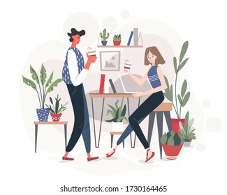 Friends, students, workers or colleagues sitting in a comfortable café or office with plants on the background, drinking coffee and having a nice conversation, sharing ideas. Vector flat illustration