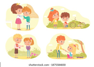 Friends Support And Comfort Sad Kids Set. Empathy, Compassion And Love Vector Illustration. Girls And Boys Crying, Feeling Pain Or Sorrow. Children Consoling And Caring, Sympathy.