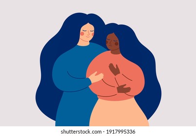 Friends Support Concept. A white woman comforts her best friend who in stress and depression. A black girl is in a difficult situation and needs help. Vector illustration