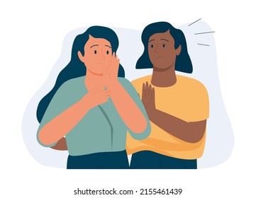 Concepto de ayuda de amigos. Una mujer blanca consuela a su mejor amiga que sufre estrés y depresión. Una chica negra está en una situación difícil y necesita ayuda. Ilustración del vector