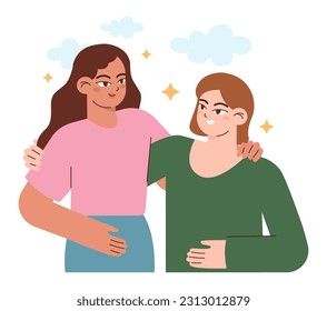 Friends support. Friendship mental support and comfort. Group of friends hug and care for each other. Empathy and love idea. Flat vector illustration