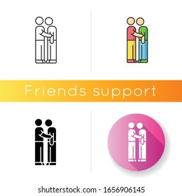 Friends support icon. Linear black and RGB color styles. Friendly help, assistance. Friendship, compassion and solidarity. Interpersonal relationship. isolated vector illustrations