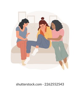 Friends support isolated cartoon vector illustration. Human relationship, friendship, two friends hug sad person, showing care and support, people solving problem together vector cartoon.