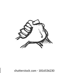 Friends Support Line Icon. Two People Have Tight Handshake. Outline Drawing. Helping Hand. Human Encouragement Concept. Isolated Vector Illustration