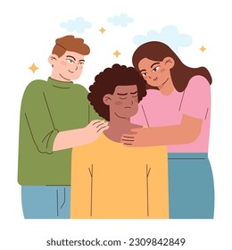 Friends support. Mental support and comfort for stressed or upset male character. Group of friends hug and care for each other. Empathy and love idea. Flat vector illustration