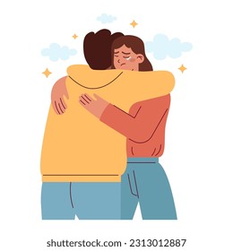 Friends support. Mental support and comfort for stressed or upset female character. Group of friends hug and care for each other. Empathy and love idea. Flat vector illustration