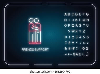 Friends support neon light icon. Outer glowing effect. Sign with alphabet, numbers and symbols. Friendly help, assistance. Friendship, compassion and solidarity. Vector isolated RGB color illustration