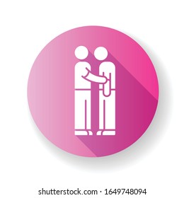 Friends support pink flat design long shadow glyph icon. Friendly help assistance. Emotional bond, friendship, compassion and solidarity. Interpersonal relationship. Silhouette RGB color illustration