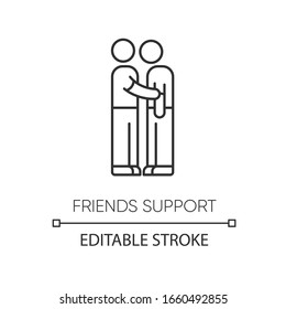 Friends support pixel perfect linear icon. Thin line customizable illustration. Friendship, compassion and solidarity contour symbol. Vector isolated outline drawing. Editable stroke