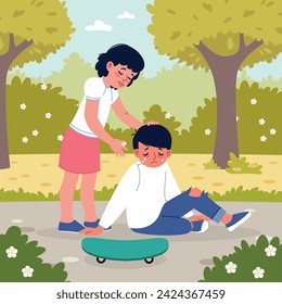 Friends supports. Sad little boy falling, girl comforts crying friend, traumatic situation in park, empathic manifestation, extreme skateboarding, cartoon flat isolated vector concept