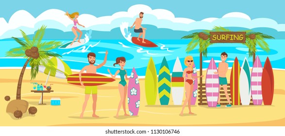 Friends are Surfing on Beach. Surfboard rental on Beach. Active Sports on Sunny Day. Man and Woman are surfing. Friends rest on Beach at weekend. People engaged in Water Sports. Vector Illustration.