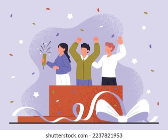 Friends in surprise box. Men and woman with clapperboard and confetti. Holiday and festival, party and disco. Gift and present. Invitation and greeting postcard. Cartoon flat vector illustration