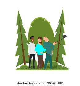 friends take a selfie. a group of students taking selfie on the phone. Vector illustration isolated on a white background.