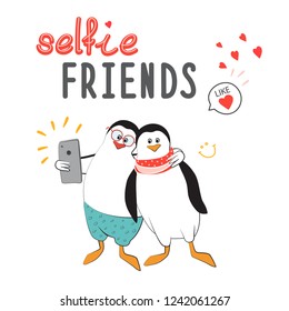 Friends take selfies. Penguins in the style of comics. Design for sticker, patch, poster, personal diary. Fashion for teenagers