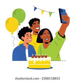 Friends taking birthday selfie, flat style illustration