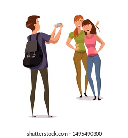 Friends taking photo flat vector characters. Girlfriends hugging and posing, tourist photographing on smartphone isolated clipart on white background. Cheerful sisters laughing design element