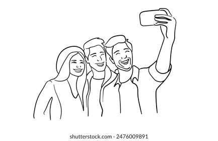 Friends taking pictures continuous line art drawing isolated on white background. Vector illustration