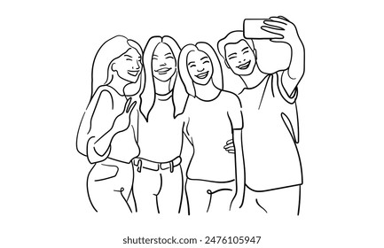 Amigos tomando fotos, adolescentes abrazando dibujo de arte en línea continua aislado sobre fondo blanco. Ilustración vectorial