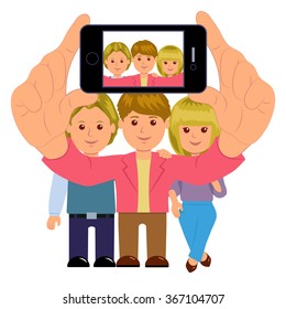 Friends taking a self portrait with smartphone. Selfie. Stylish young people with the phone, take a picture