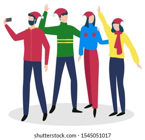 Friends taking selfie celebrating winter holidays together vector. Isolated characters having fun in company. Colleagues on new year or christmas making photo on smartphone. Flat style illustration