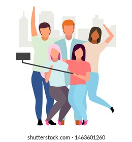 Friends taking selfie flat vector illustration. People group making photo with phone and monopod cartoon characters. Best friends forever. Friendship concept. Girls and guys spending time together