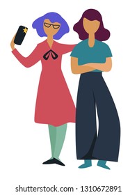 Friends taking selfie on smartphone girlfriends isolated female characters photo technology modern device women or girls flashlight friendship relationships classmates teens device or gadget