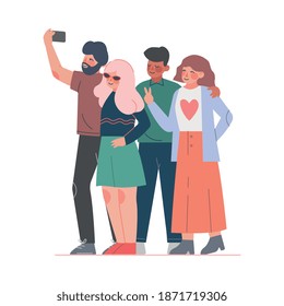 Friends Taking Selfie with Smartphone, Young People Spending Time Together and Photographing Cartoon Style Vector Illustration