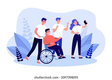 Friends Taking Selfie Together With Man In Wheelchair. Group Of People Taking Photo With Guy With Physical Disability Flat Vector Illustration. Disability, Friendship, Communication Concept For Banner