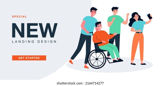 Friends Taking Selfie Together With Man In Wheelchair. Group Of People Taking Photo With Guy With Physical Disability Flat Vector Illustration. Disability, Friendship, Communication Concept For Banner