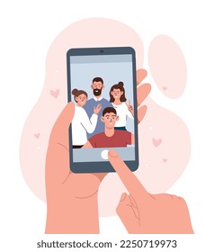 Friends taking selfie. Young guy with his family, memories and party. Modern technologies and digital world, interesting content for social networks. Poster or banner. Cartoon flat vector illustration